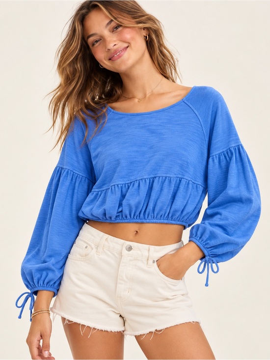 aerie Tops - Aerie Endless Summer Cropped Eyelet Blue Tie Cuff Sweatshirt Size XS